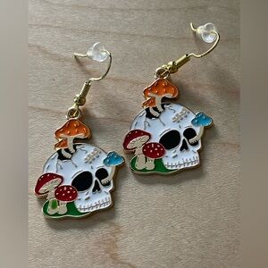 Skull And Mushrooms Earrings No Tag New
